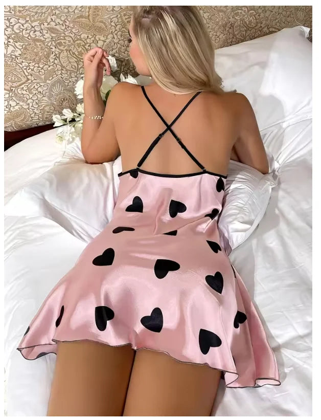 Heart Print Slip Nightdress Casual Crew Neck Criss Cross Back Sleepwear Women's Dresses