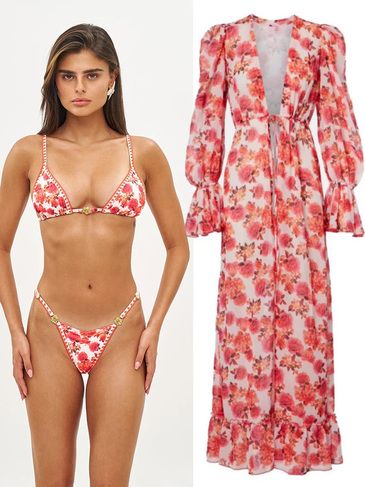 Long Dress Bikini Cover Up Print Mesh Swimwear Sexy Floral Bikinis Covers Thongs Swimsuit Biquini Beachwear