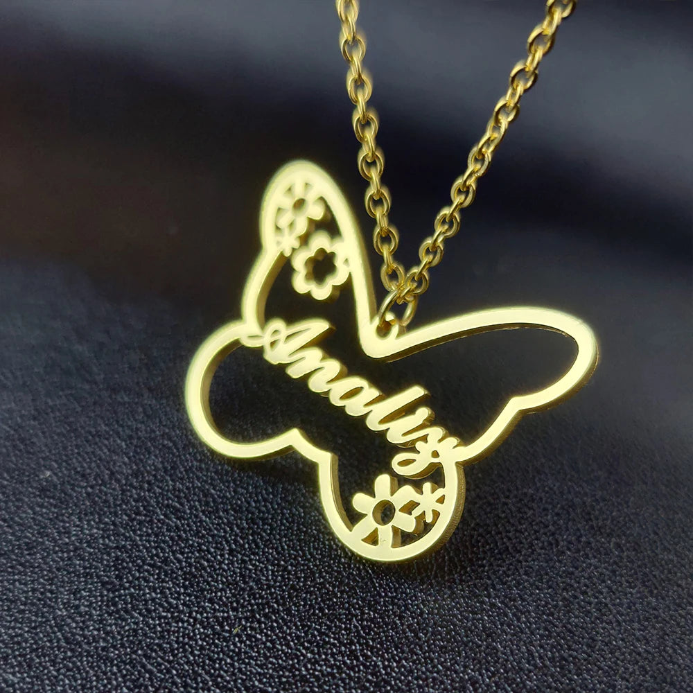 Customized Name Necklaces Personalised for Women Stainless Steel Personalized Necklace Letter Heart Butterfly Pendant Jewelry