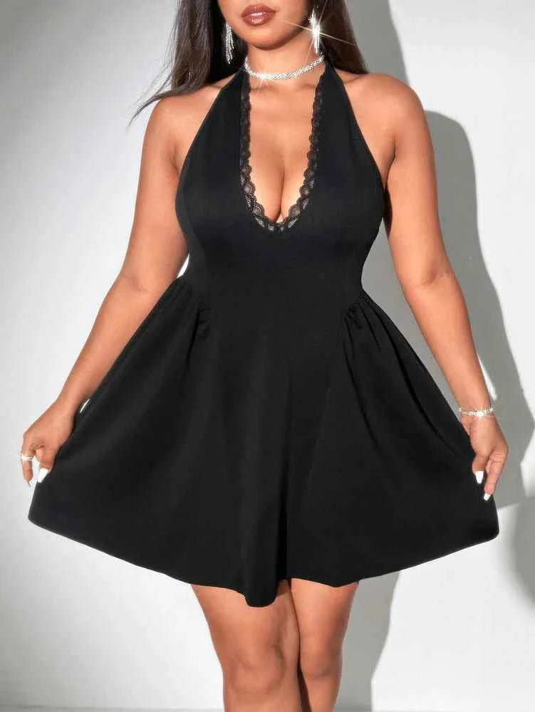 Plus Size Spring/Summer New Arrival Dress V-neck Sensual Lace-trimmed Sleeveless Puff-skirt Evening Gown Solid Colour