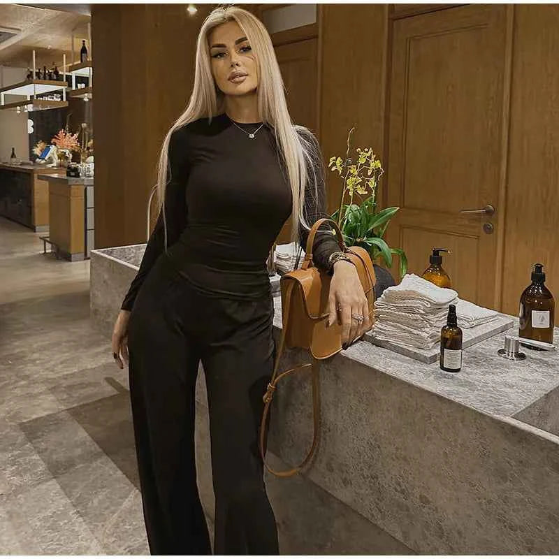Women Top Pants Suit 2 Piece Sets Solid O-neck Long Sleeve Shirts Elastic Waist Trousers Female Outfits 2025 New Lady Tracksuit