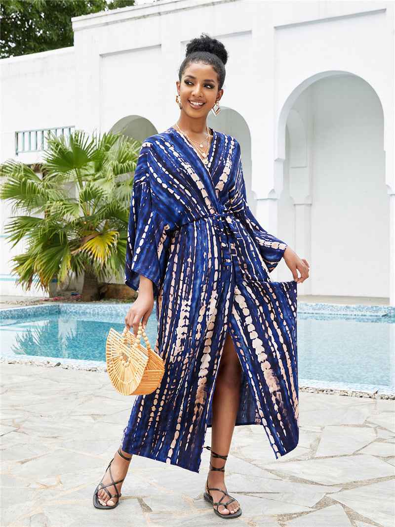 Long Kimono Swimsuit Cover up for Women Stylish Tie Dye Open Front Beach Outfits Bathing Suit