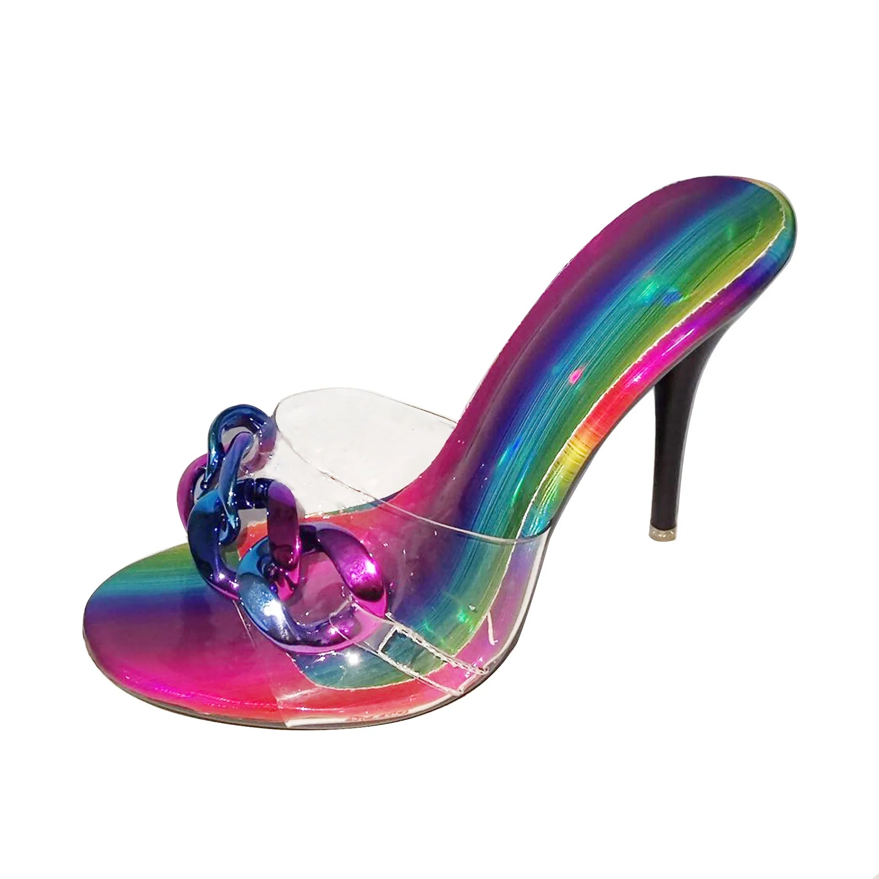 2022 New Diamond Chain Women Pumps Slippers Thin High Heels Party Shoes Fashion Solid Color Summer Dress Sandals Shallow Mouth