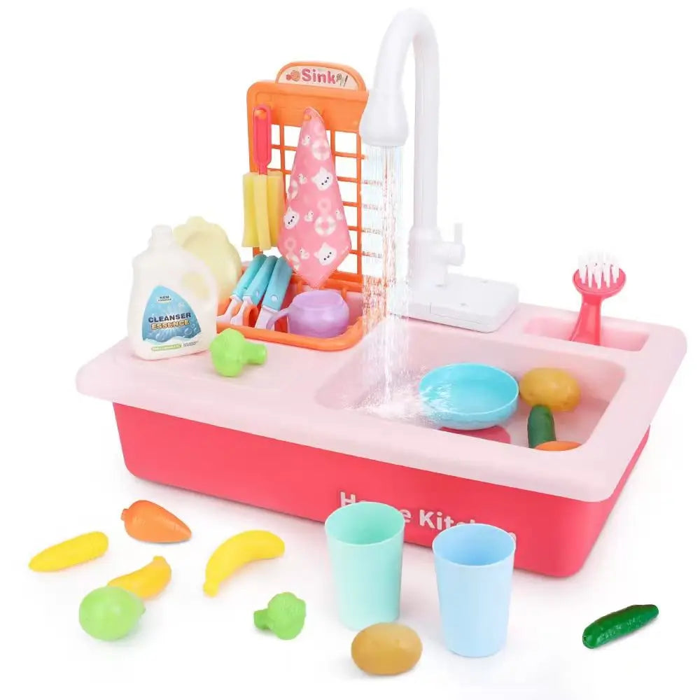Kids Electric Kitchen Sink Toys with Running Water, Pretend Play Dishwasher & Fishing Toys, Educational Role Play Gift for Girls