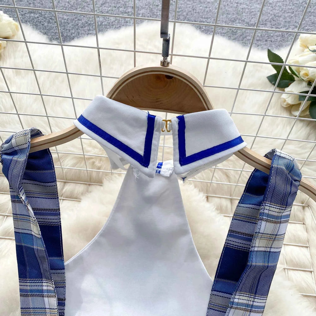 Girls Sexy Cute Japanese JK Uniform  Mini Checkered Strap Skirt Off Shoulder High Waist Elastic Cosplay Dress Hot Sweet Pajama