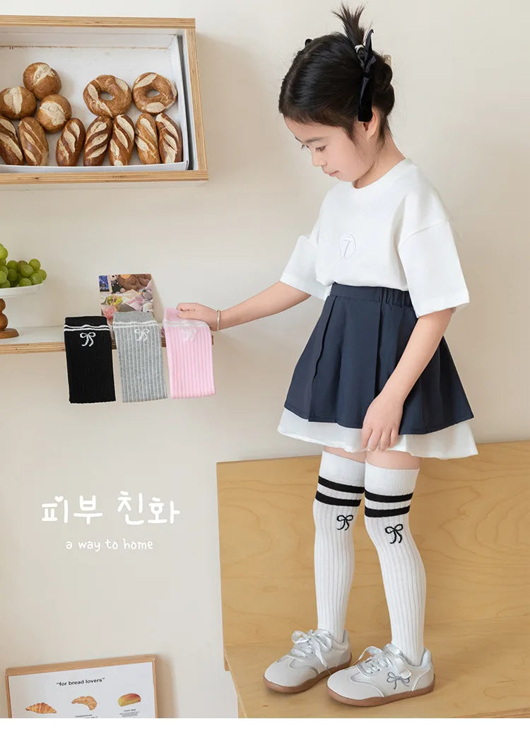 40CM Children's Long Socks Spring and Summer Girls' Bow Princess Skirt Paired with Knee High Sock Striped High Tube Cotton Socks