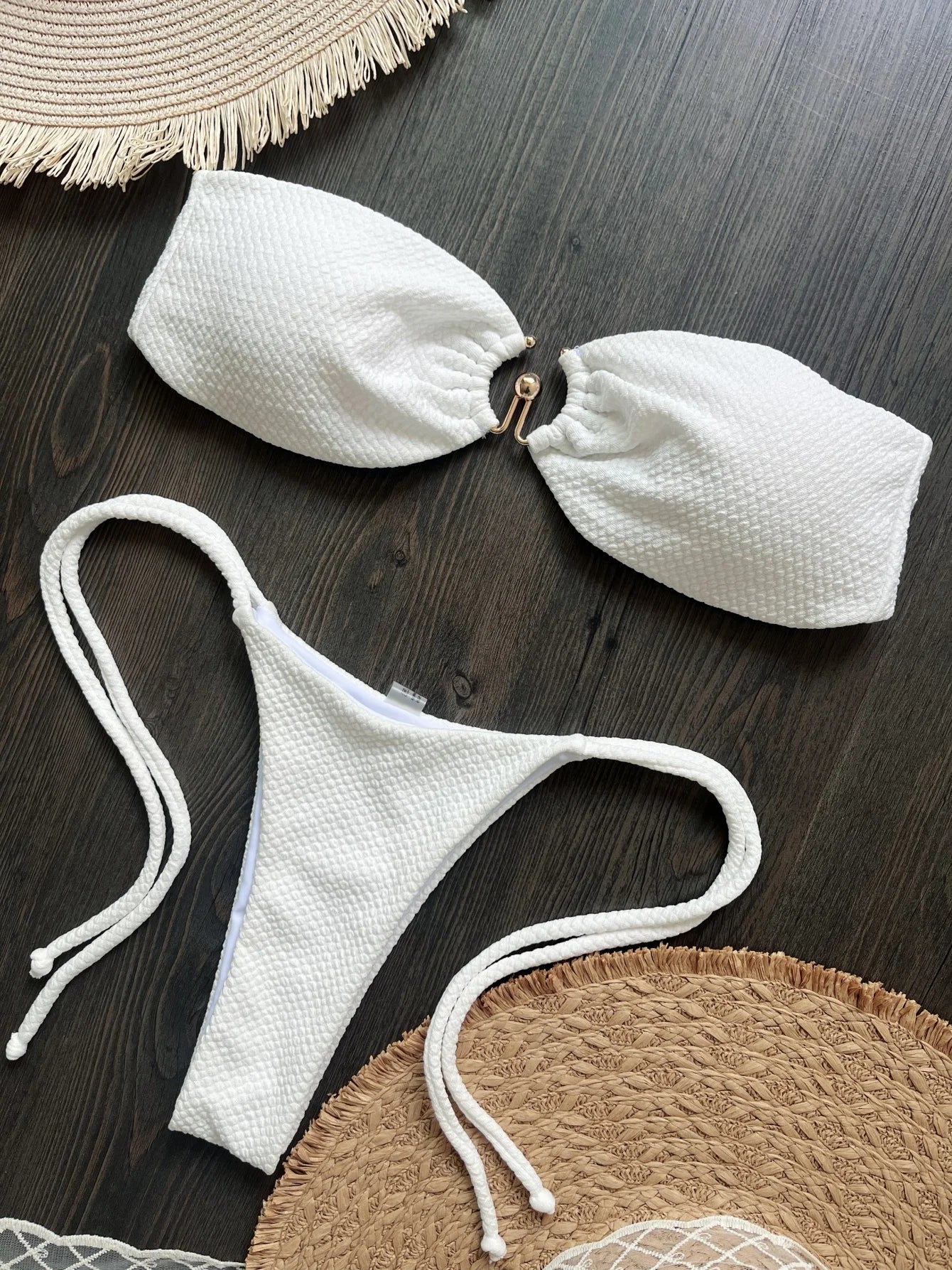 New Bather Bathing Suit Swim Wrinkled Bandeau Metal Ring Thong Bikini Women Swimwear Female Swimsuit Two-pieces Bikini set