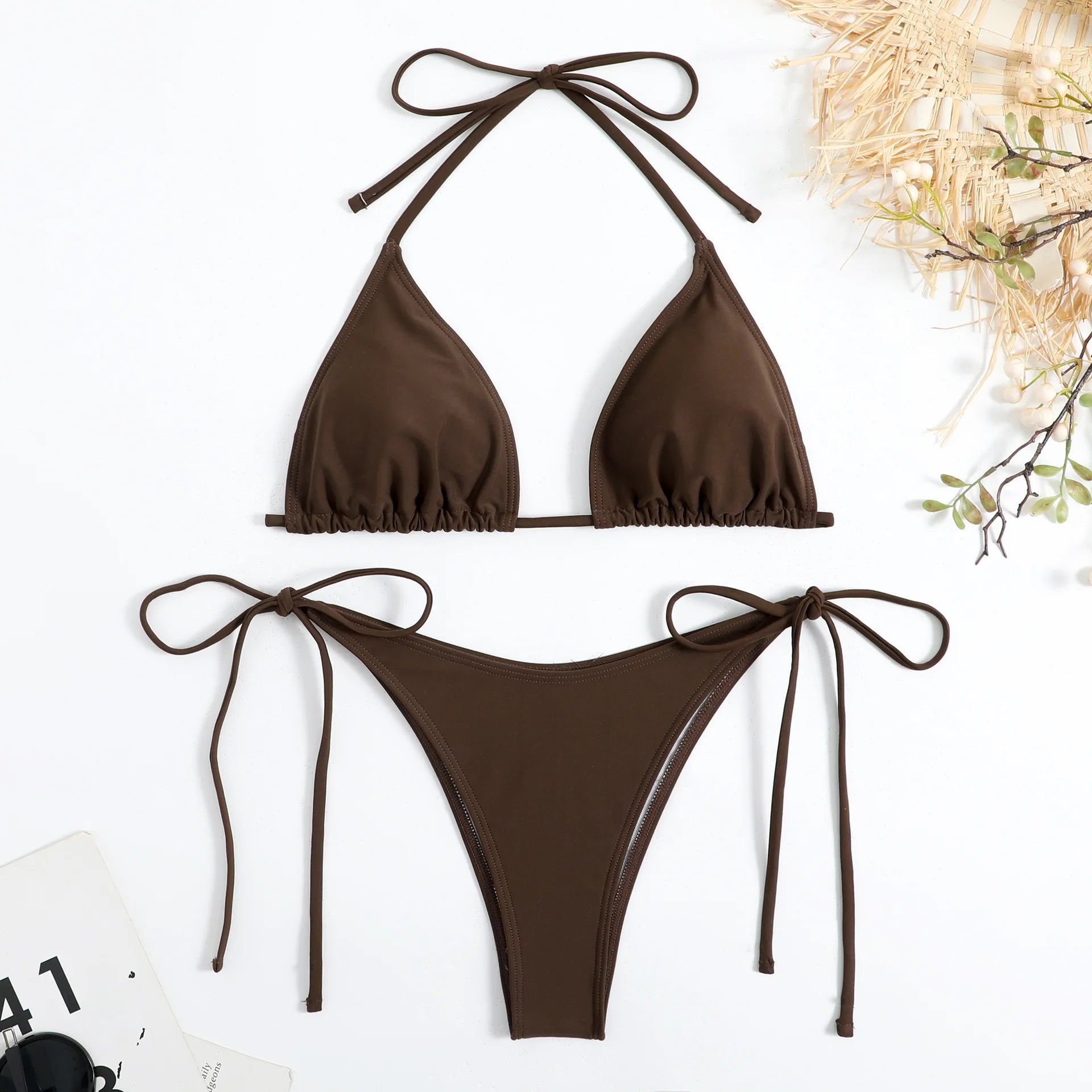 Sexy Brown Bikini 2026 Women Solid Red Halter Push Up Bra Tie Side Triangle Swimsuit Summer Bathing Suit Lace Up Micro Swimwear