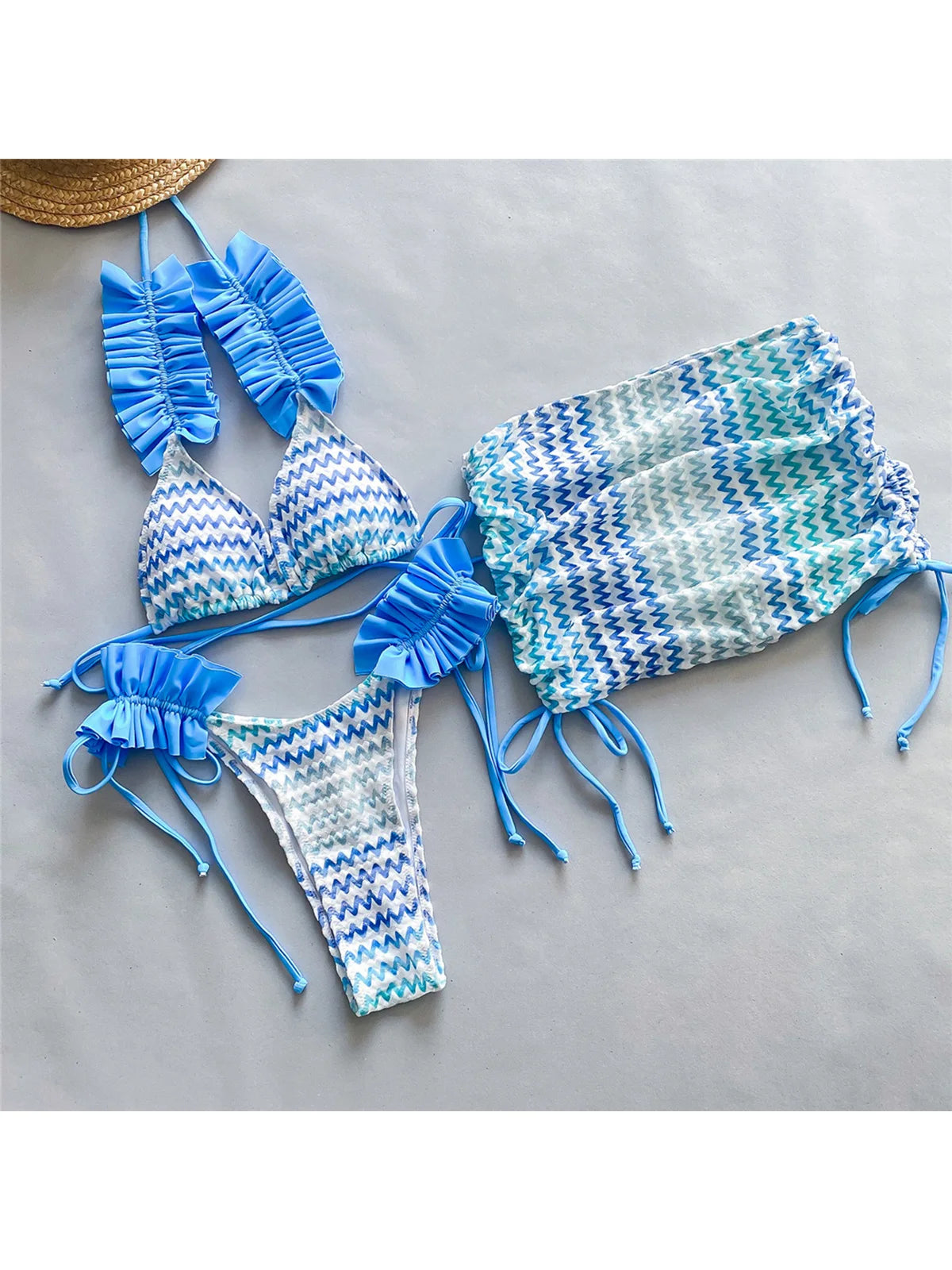 With Skirt Waved Ruffled Frilled Bikini Female Swimsuit Women Swimwear Three-Pieces Bikini Set Bather Bathing Suit Swim V5235