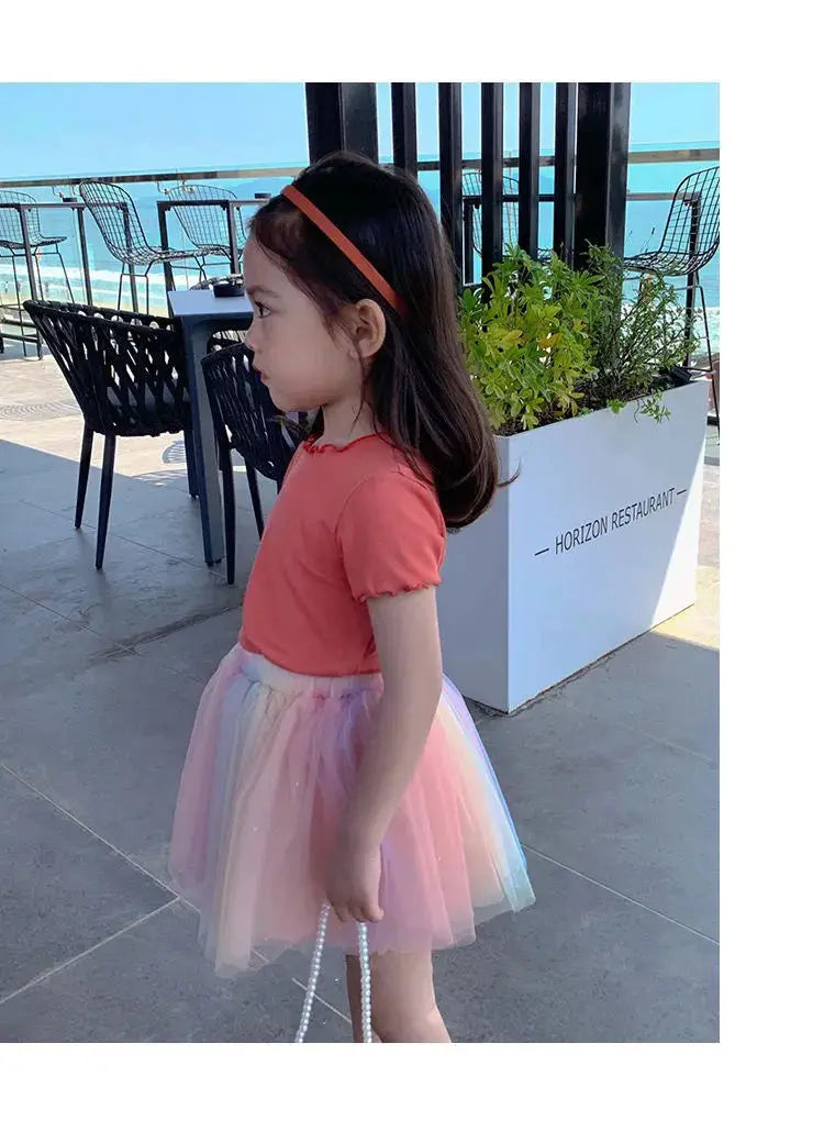 Girls' Casual Ice Silk Short-Sleeve T-Shirt, New Korean Style Children's Ruffled Top, Solid Color, Simple and Versatile