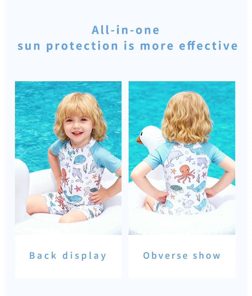 Happyflute Kids Short Sleeve One-Piece Swimsuit Quick Dry Toddler Summer Rash Guard with Shorts ，Sun Protection Suit