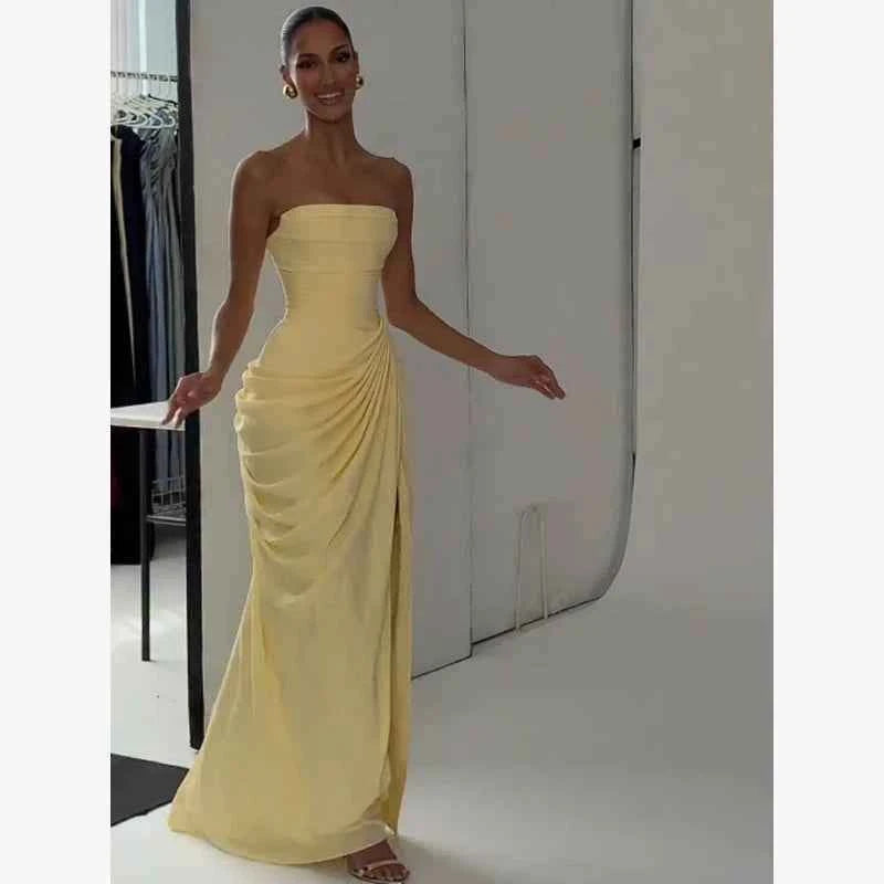 Women Sexy Solid Pleated Strapless Dress Lady Chic Off-shoulder Backless High Waist Split Dresses  Evening Party Gown 2026 New