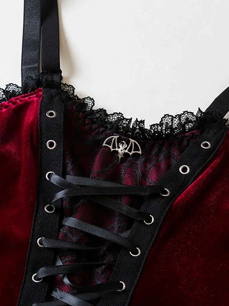 Women Elegant Retro T-shirt Y2K Gothic Style Lace Backless Top Woman Wine Red Sling Tank Waistcoat Sexy Slim Fit Crop Tops