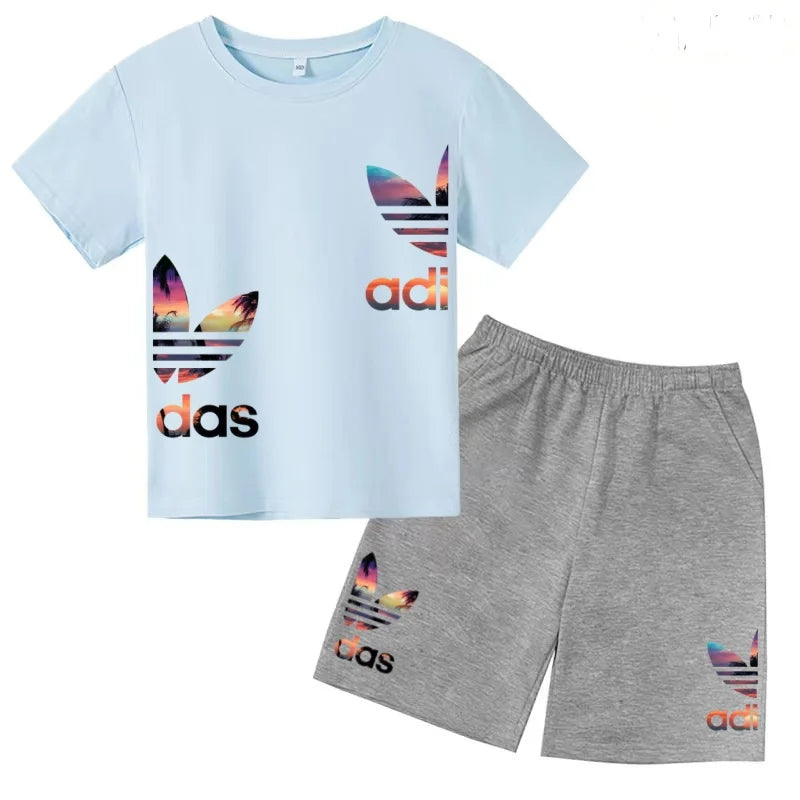 Kids T-shirt Set Colorful Letter Print Boys Girls 3-12Yrs Gift Short-sleeved+shorts 2P Round Neck Sports Casual Charming Clothes