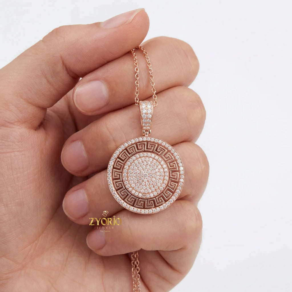 Gold Plated Greek Key Diamond Medallion Link Chain Pendant Luxury Engagement Wedding Anniversary Party Jewelry