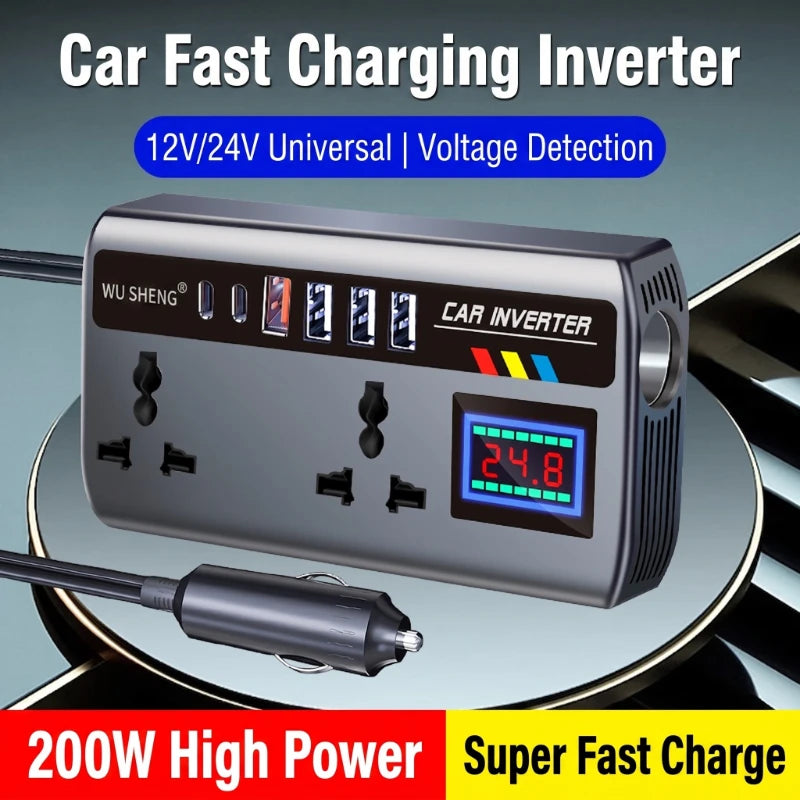Car Power Inverter 200W 12V/24V With AC Outlet & 4 USB Ports
