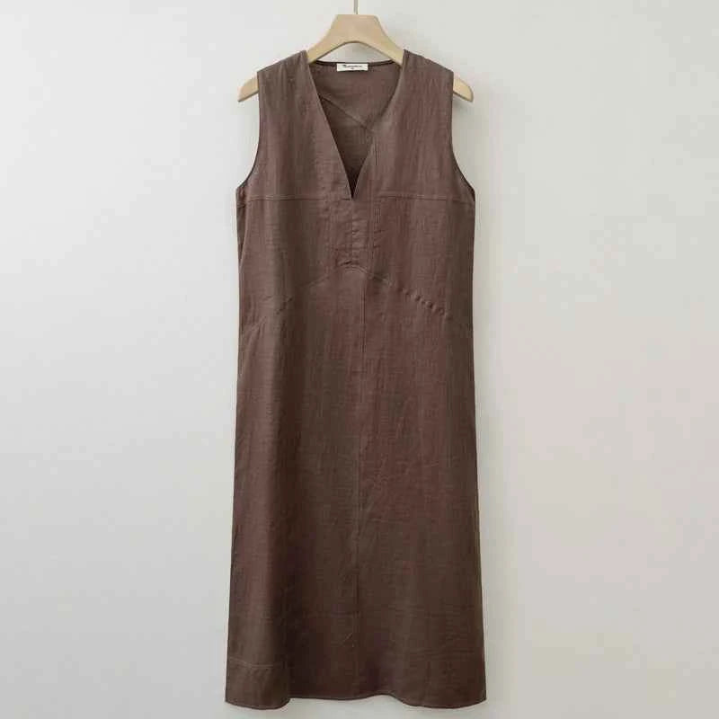 2025 Summer Women Solid Linen V Neck Sleeveless Fashion Dress Split Tank Dress