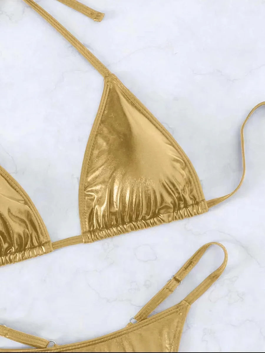 Metallic PU Leather Extreme Mini Thong Bikini Female Swimsuit Women Swimwear Two-pieces Bikini Set Halter Bathing Suit Swim Lady