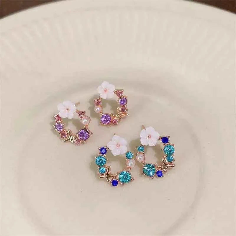 Colorful Flower Earrings Imitation Pearl Geometric Stud Earrings For Women Sweet Elegant Earrings For Party Banquet Jewelry Gift