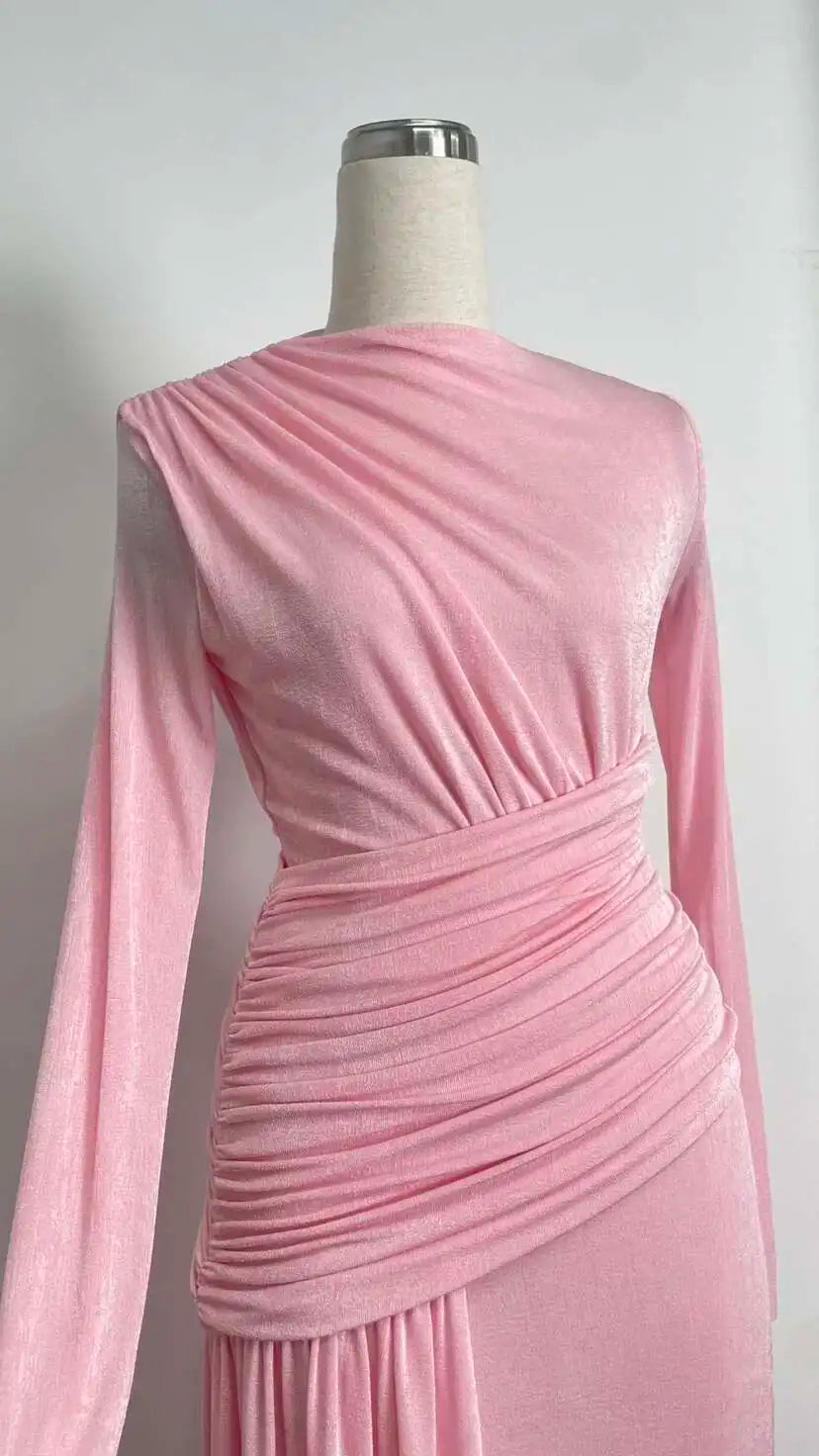 QMQA Fashion Women's Asymmetric Pleated Elegant Dress Solid Color Long Sleeve High Waist Slimming Party Dresses 2025 New QM519