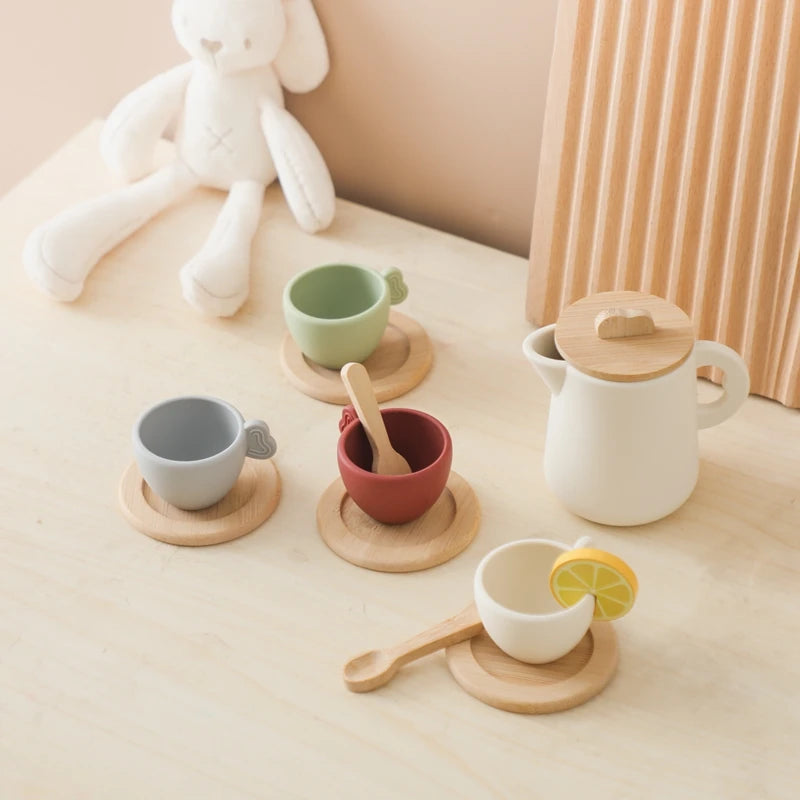 Baby Play Set 9pc Afternoon Tea Set Children's Play House Toy Afternoon Tea Set Pot Food Grade Silicone Toys for Girl Gifts