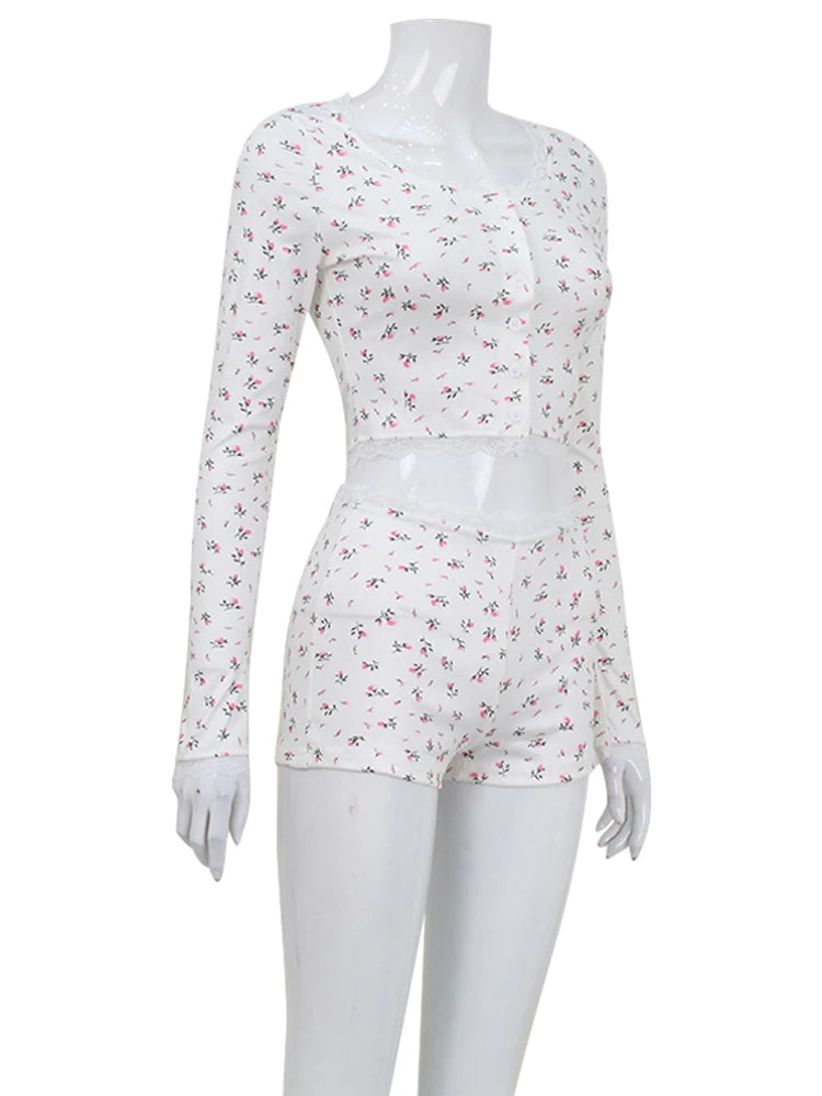 Ahagaga Fashion Sexy Printed Tracksuits Women Sleepwear Regular Casual O-neck Slim Fit Skinny 2 pieces Suit Sets (Tops+ Shorts)