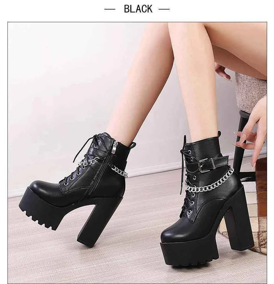 Gdgydh Gothic Buckle Strap Ankle Boots Women Faux Leather Platform Block Chunky Heels Chain Ultra High Heels Motorcycle Boots