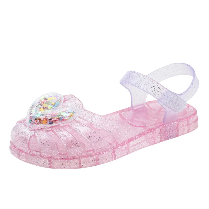 2026Kids' Sandals Ourdoor Crystal Jelly Shoes PVC Love Baby Fashion Flat For Girls Breathable Anti-slip Purple Sliver Size 24-35