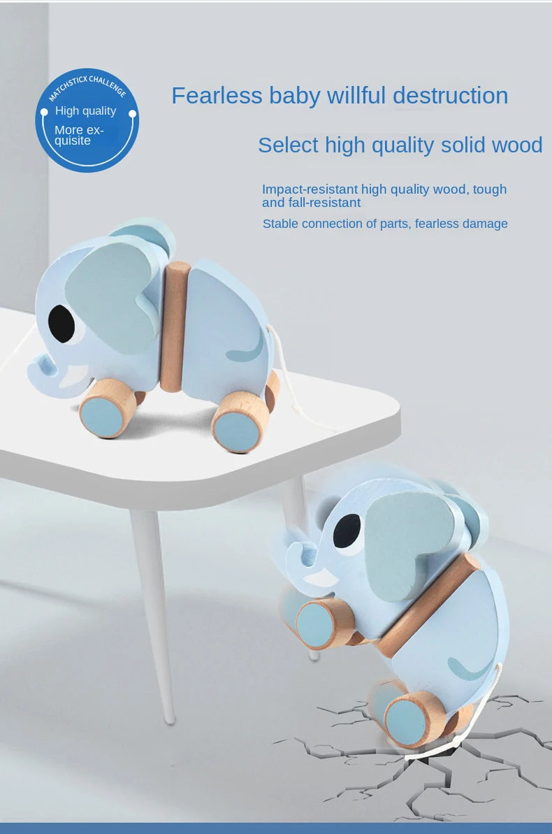 Wooden Children's Elephant Pulling Rope Cart, Towing Toys, Baby Boy and Baby Girl Toddler, Children's Gifts, Early Education Toy