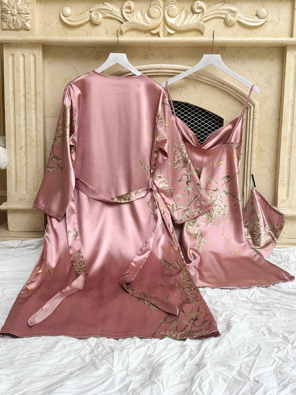 Floral Print Pajama Set Long Sleeve Robe With Belt   V Neck Slip Dress  Women's Sleepwear  Loungewear