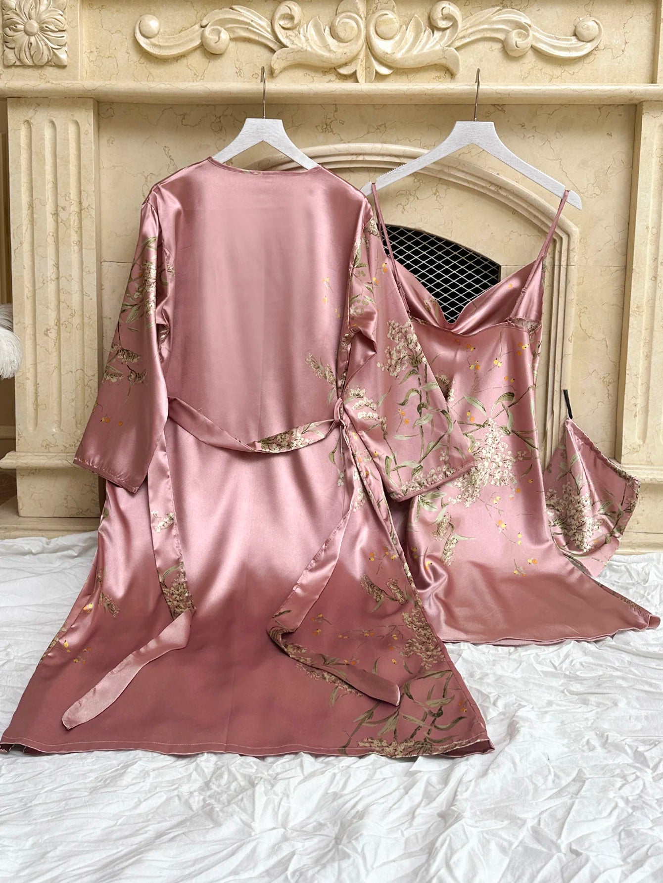 Floral Print Pajama Set Long Sleeve Robe With Belt   V Neck Slip Dress  Women's Sleepwear  Loungewear