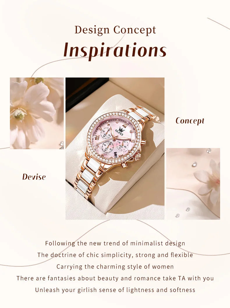 OLEVS 9999 Women Watch Brand Original Elegant Waterproof Chronograph Luxury Ceramic Dress Pink Women Quartz Watch Reloj Mujer