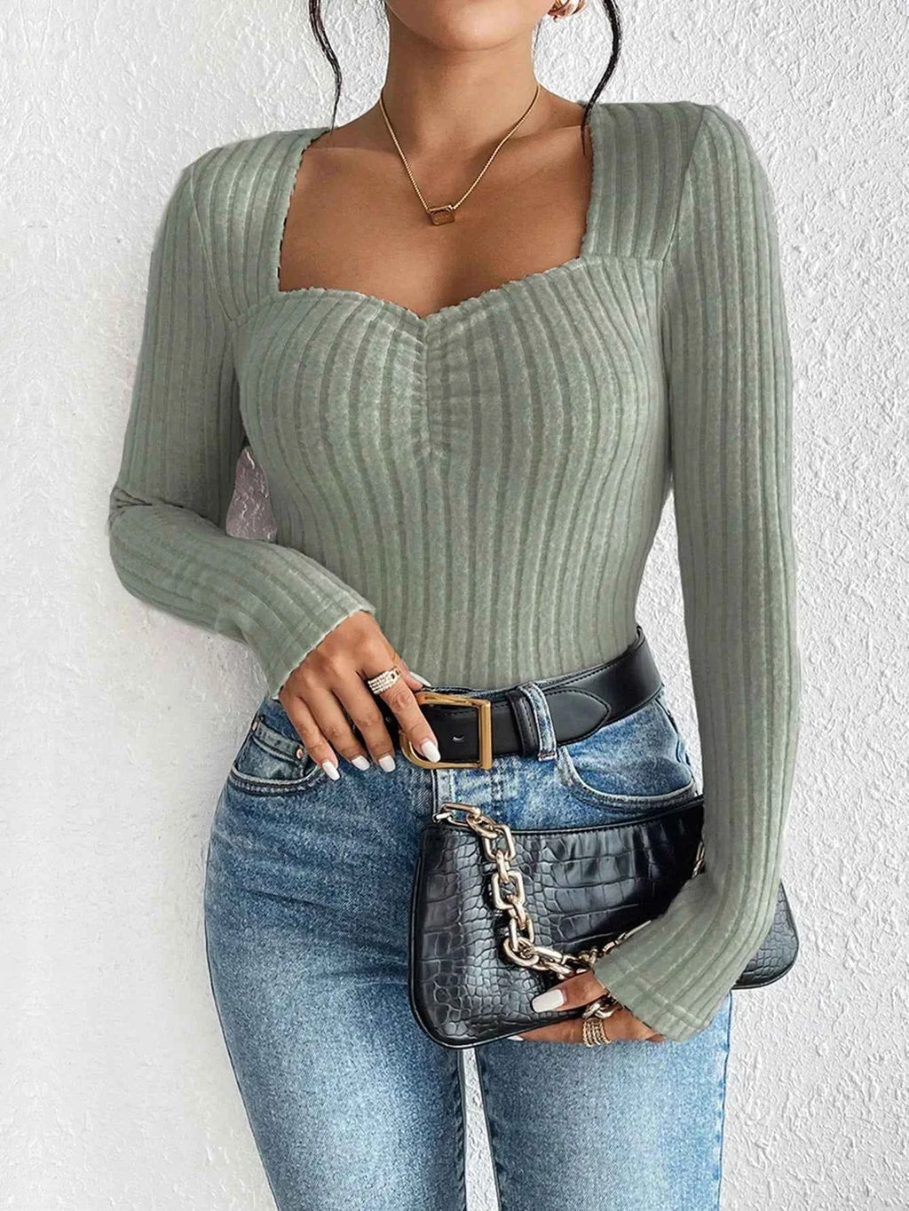 Women's Fashion Diamond Collar Knitted Base Shirt Casual Long Sleeve Top Knitwear Trendy Elegant Style