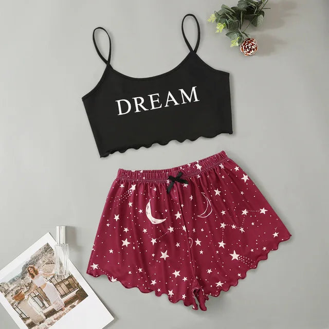 Summer Silk Satin Pyjama Pajamas for Women Sexy Sleepwear Sling Top Shorts Pajama Set Cartoon Pattern Printing 2-Piece Homewear