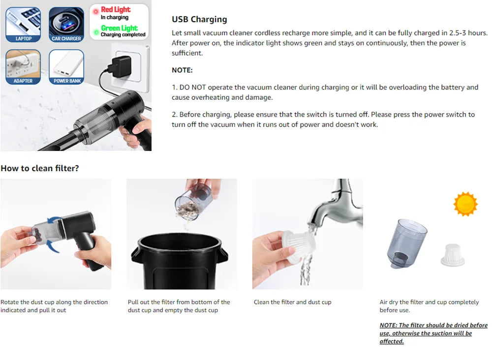 Handheld Vacuum Cordless High Power 15000PA Compressed Air Dust Collector Mini Portable Car Vacuum Cleaner Hairdryer
