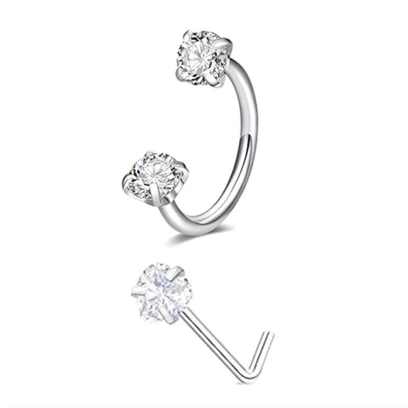 2PCSA Metal color Stainless Steel Nose Ring Set With CZ Studs & Horseshoe