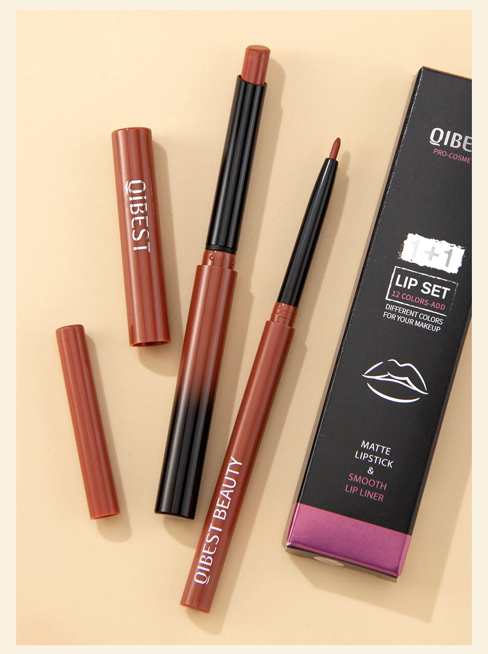 QIBEST Matte Nude Lipstick Pen Long Lasting Lipliner Lip Pencil Waterproof Lip Liner Contour Sexy Red Lip Makeup Set For Women