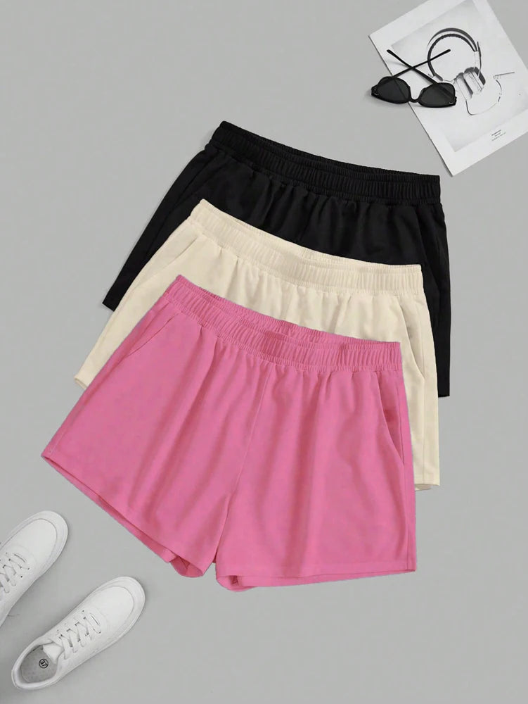 Plus Size Women's Elastic Waist Biker Shorts 3 Piece Running Workout Yoga Shorts Best for Summer Polyester