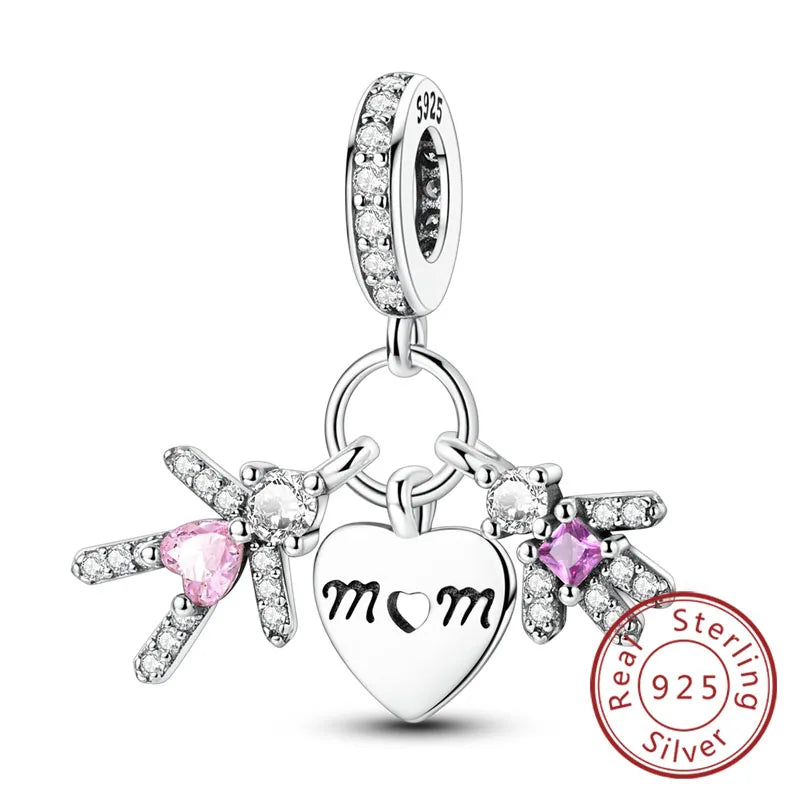 Original 925 Sterling Silver Charm Bead Mother's Day Love Heart Family Charm Bead Pendant Fits Bracelet Womens Jewelry Gifts
