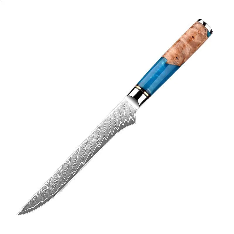 1-8pcs Professional kitchen knife set Damascus Steel Set for Meat Cutting Sushi Peeling and Boning Blue Resin Wood Handle