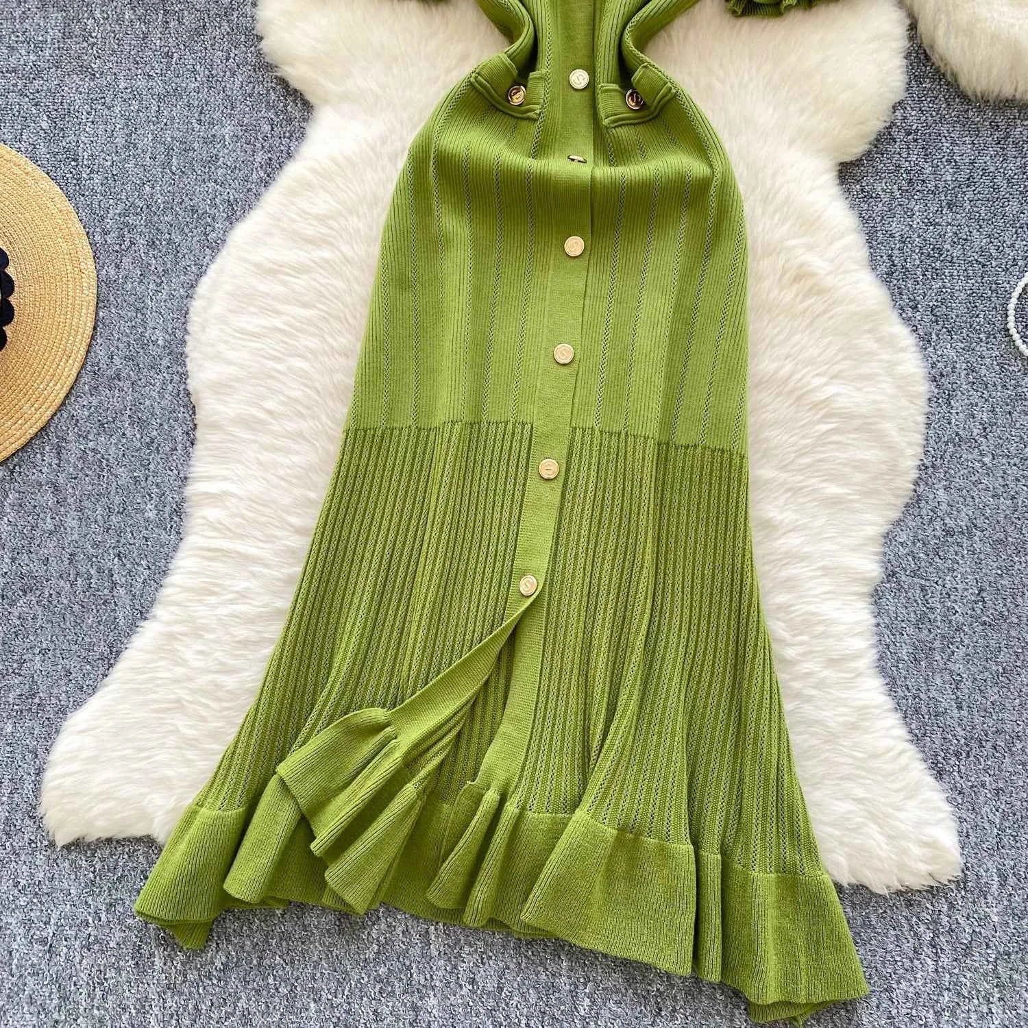 SINGREINY Summer OL Knit Dress 2025 Women V Neck Button Design Slim Mermaid Sundress Fashion Elastic Solid Bohemian Long Dress