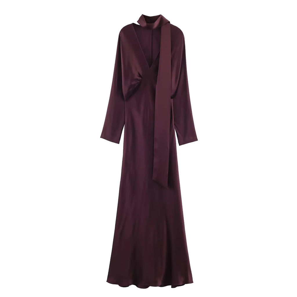 2026 New Scarf Solid Elegant Maxi Dresses Women Spring V Neck Long Sleeve Club Party Long Dress Female Chic Slim Fit Dresses