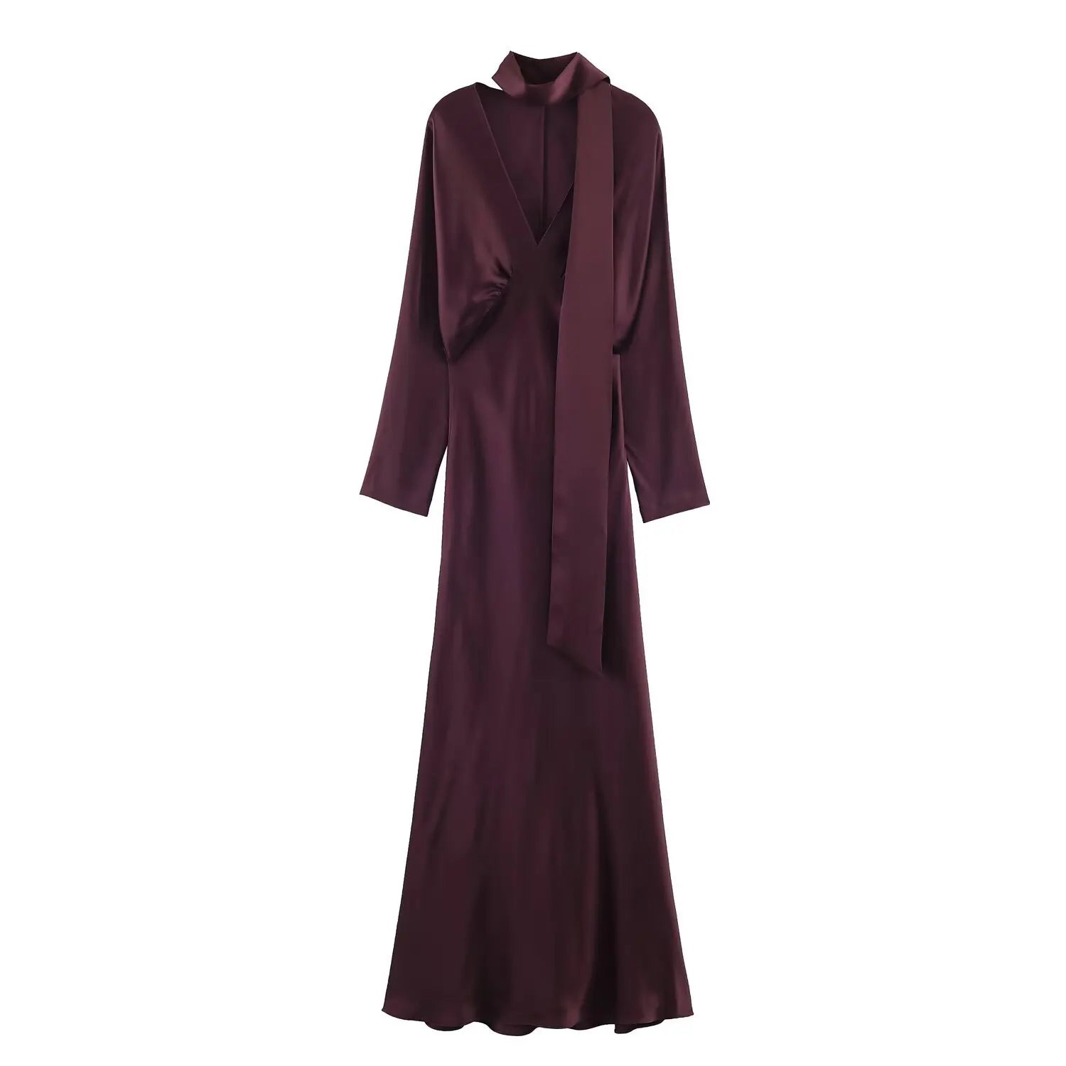 2026 New Scarf Solid Elegant Maxi Dresses Women Spring V Neck Long Sleeve Club Party Long Dress Female Chic Slim Fit Dresses