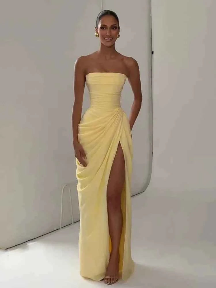 Women Sexy Solid Pleated Strapless Dress Lady Chic Off-shoulder Backless High Waist Split Dresses  Evening Party Gown 2026 New