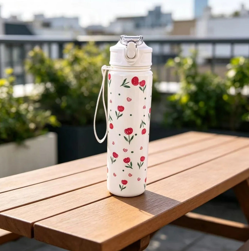 Cute Bow & Flower Water Bottle, Premium Texture Minimalist Design, Large Capacity, Lightweight and Leakproof with Portable