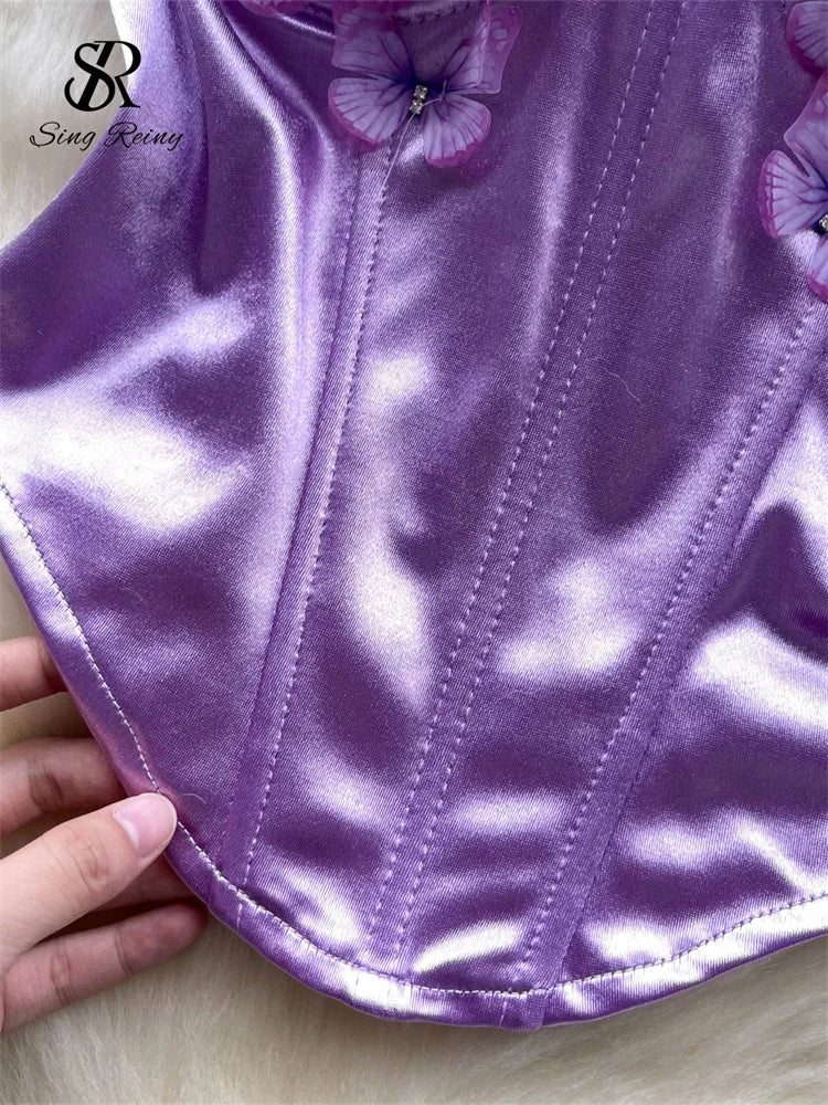 SINGREINY 3D Butterfly Satin Sexy Top European Sleeveless Fishbone Corset 2024 Female Senior Streetwear Hotsweet Strapless