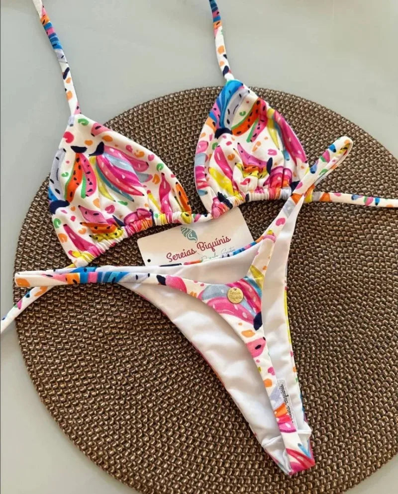 Print Sexy Bikini Sets Halter Lace-up Tops Thongs Beach Style Bathing Suit Y2k Swimsuits Women Beachwear Купальник Женский