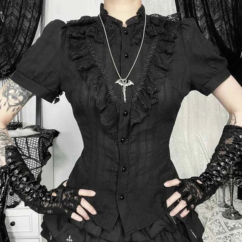 Sweet Lolita Cotton Shirts Women Vintage Gothic Black White Jacquard Short Sleeve Blouses Elegant Office Lady Y2k Tops