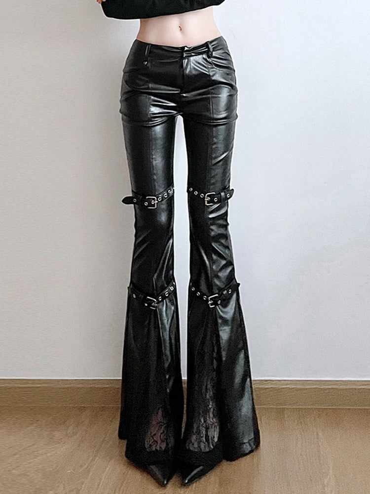 SUCHCUTE PU Leather Flare Pant Goth Buckle Lace Patchwork Pants Women Fashion Y2K Streetwear Vintage Aesthetics Casual Trouesrs