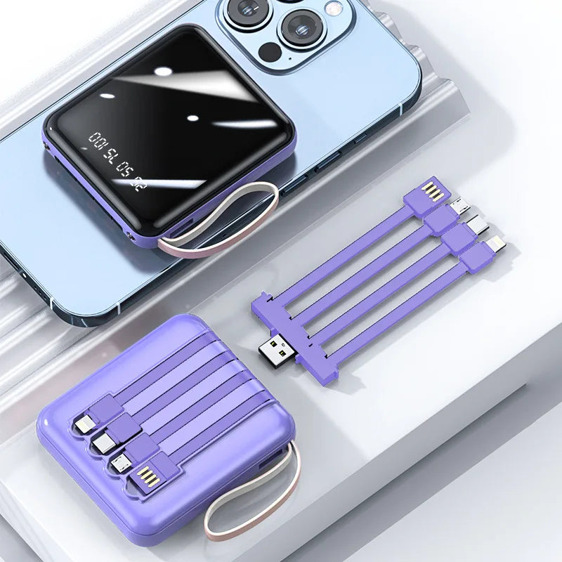 PURPLE 2 Color Mini Power Bank 20000mAh – 4 Built-In Cables & Display